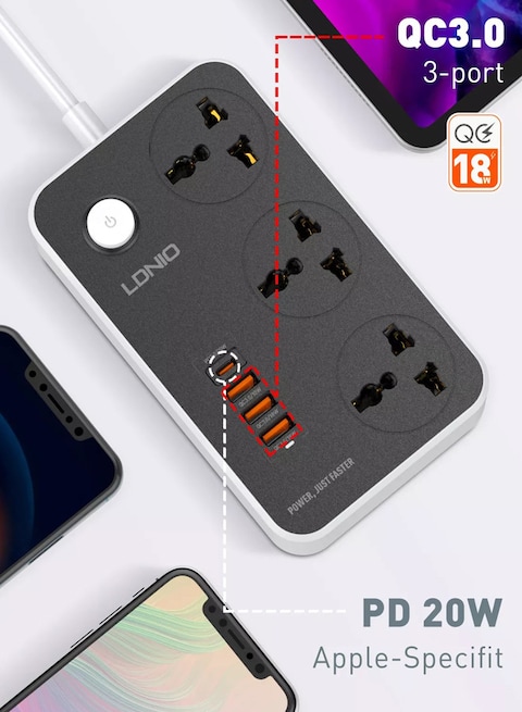 3 Power Socket Extension with Type C PD Port and 3 QC3.0 fast charging Port power strip