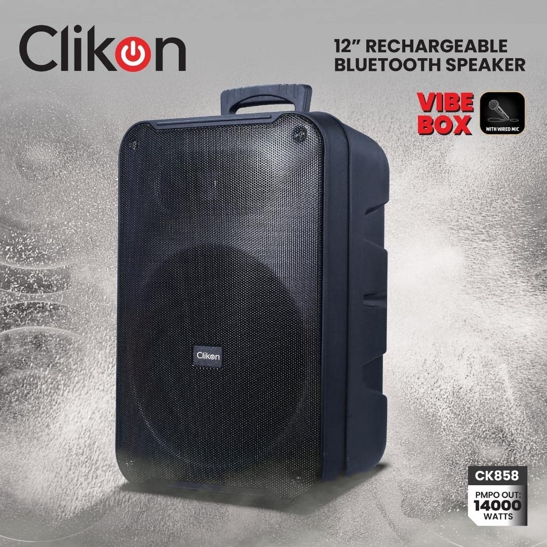 Clikon Portable Rechargeable Bluetooth Speaker with Mic, 8 inch Woofer, LED display, Dynamic Light Show, 2400mAh Battery, Black, 2 Years Warranty &ndash; CK857