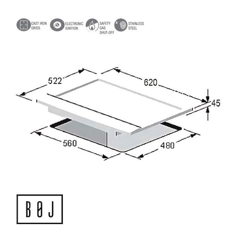 BOJ GH 3160XS, 4 Burner Built In Stainless Steel Gas HOB With Auto Ignition, Safety Device, 3 Gas Burners + 1 Triple Flame Burner, Cost-Iron Pan Support, Inox Capped Knobs, Silver, Size ( 60 x 60 )cm