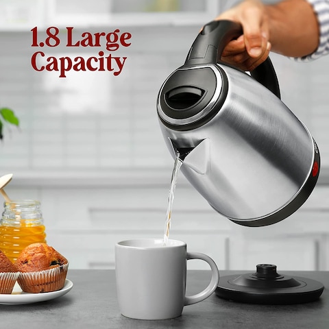 Clikon, 1.8 Liter Stainless Steel Electric Cordless Kettle With 360 Degrees Swivel Base, Power Cord Storage, Auto Cut-Off Function, LED Indicator, 1500 Watt, Silver