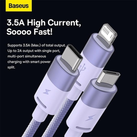 3 in 1 Multi Charging Cable, nylon braided USB to Lightning &amp; USB-C charger for Apple &amp; Android devices. Fast charging for iPhone 14/13/12/11/8/iPad Pro, Samsung. 1.2M Purple.


