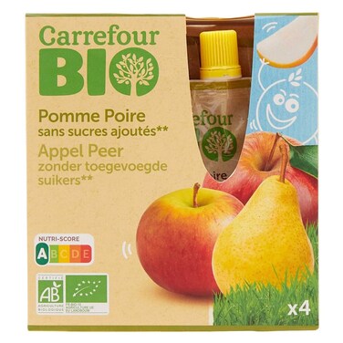 Carrefour Bio Organic No Added Sugar Apple Pear Fruit Puree 90g x Pack of 4