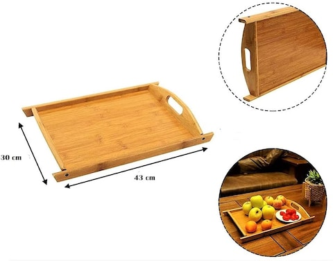 Single Wooden Solid Bamboo Serving Tray with Handles - Bed, Breakfast, Tea Serving Lap Tray - (43 * 30.5 * 4cm)