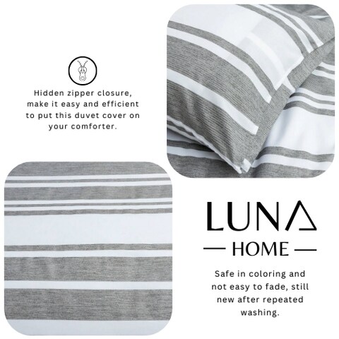 Luna Home King Size 6 Pieces, Gray Stripe Design Bedding Set
