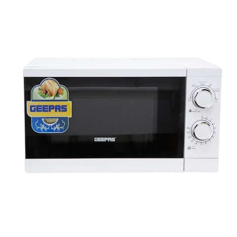 Geepas GMO1894 20L Microwave Oven, 1200W Solo Microwave with 6 Power Levels and a Timer, Cooking Power Control with 2 Rotary Dials &amp; Defrost Settings, White, 2 Year Warranty