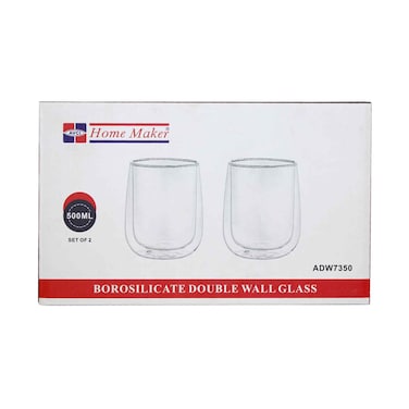 Ahm كوب زجاجي مزدوج الجدار من البورسليكات 500 مل، 2 قطعة
