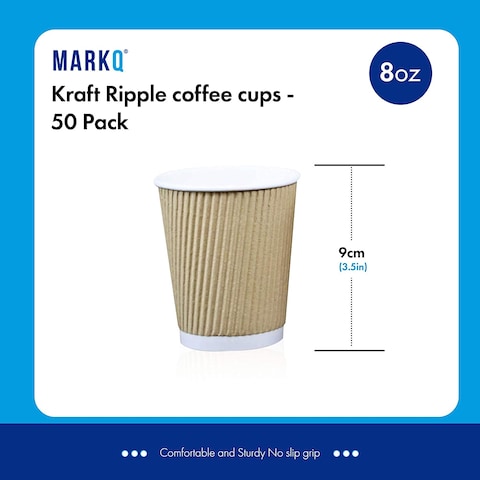 Markq [50 Cups] 8 oz. Brown Disposable Ripple Insulated Coffee Cups - Hot Beverage Corrugated Paper Cups