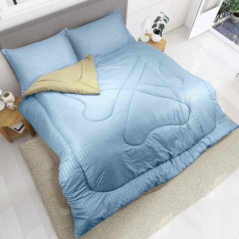 Hotel Linen Klub Reversible Down Alternative Comforter Set, Ultra Soft Brushed Stripe Microfiber Fabric, 200GSM Soft Fibersheet Filling, Size: Single 160 x 200cm, Aqua &amp; Olive Green
