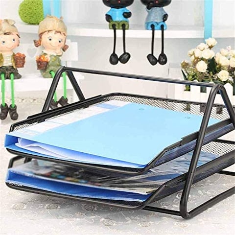 Desk File Organizer Barbed Wire Metal Twolayer File Holder Data Tray File Tray Rustproof Magazine Bar Black Desk File Organiser File Holder Color  Black Size  350x302x190mm