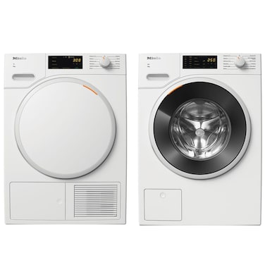 غسالة Miele W1 الأمامية بسعة 8 كجم WWD120 WCS مع مجفف T1 Heat-Pump بسعة 8 كجم TWC22WP باللون الأبيض اللوتس