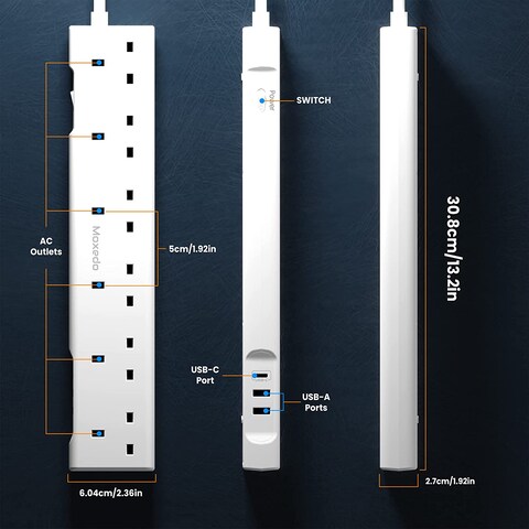 Moxedo 3250W Power Strip Surge Protector 9 Way 1 USB-C PD Ports + 2 USB-A Ports + 6 AC Outlets Fast Charging with 2M Cable Length