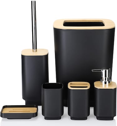 Bamboo Bathroom Accessories Set of 6 Modern Design 6 Pieces Bathroom Accessory Set Soap Dispenser Toothbrush Holder Tooth Mug Soap Dish Toilet Brush Rubbish for Bathroom Home Decor (Black)