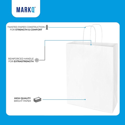 Markq White Paper bags with handles 33 x 26 x 12 cm Large Kraft Gift bags for Birthday Party Favors, Weddings, Bridal Shower, Businesses (12 Bags)