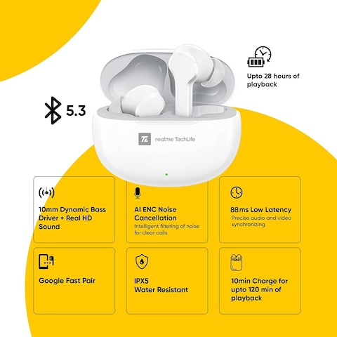 Realme TechLife Buds T100, Bluetooth 5.3, Up To 28 Hours Total Playback - (White) - International Version