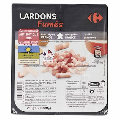 Carrefour Lardon Free Bacon Fumes 100g x Pack of 2