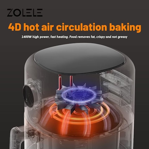 Zolele Za004 Electric Air Fryer 4.5L Capacity Non-Stick Coating Frying Basket Knob Control Temperature 80-200 Degree Celsius 4D Hot Air Circulation Pull Pan Automatic Power Off S1400W Power - Black