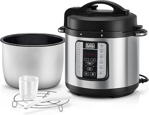 Black+Decker Smart Steam Pot, 1000W, 7 in 1, 6.0 L, Smart Programmable Electric Pressure Cooker, Black/Silver - PCP1000-B5