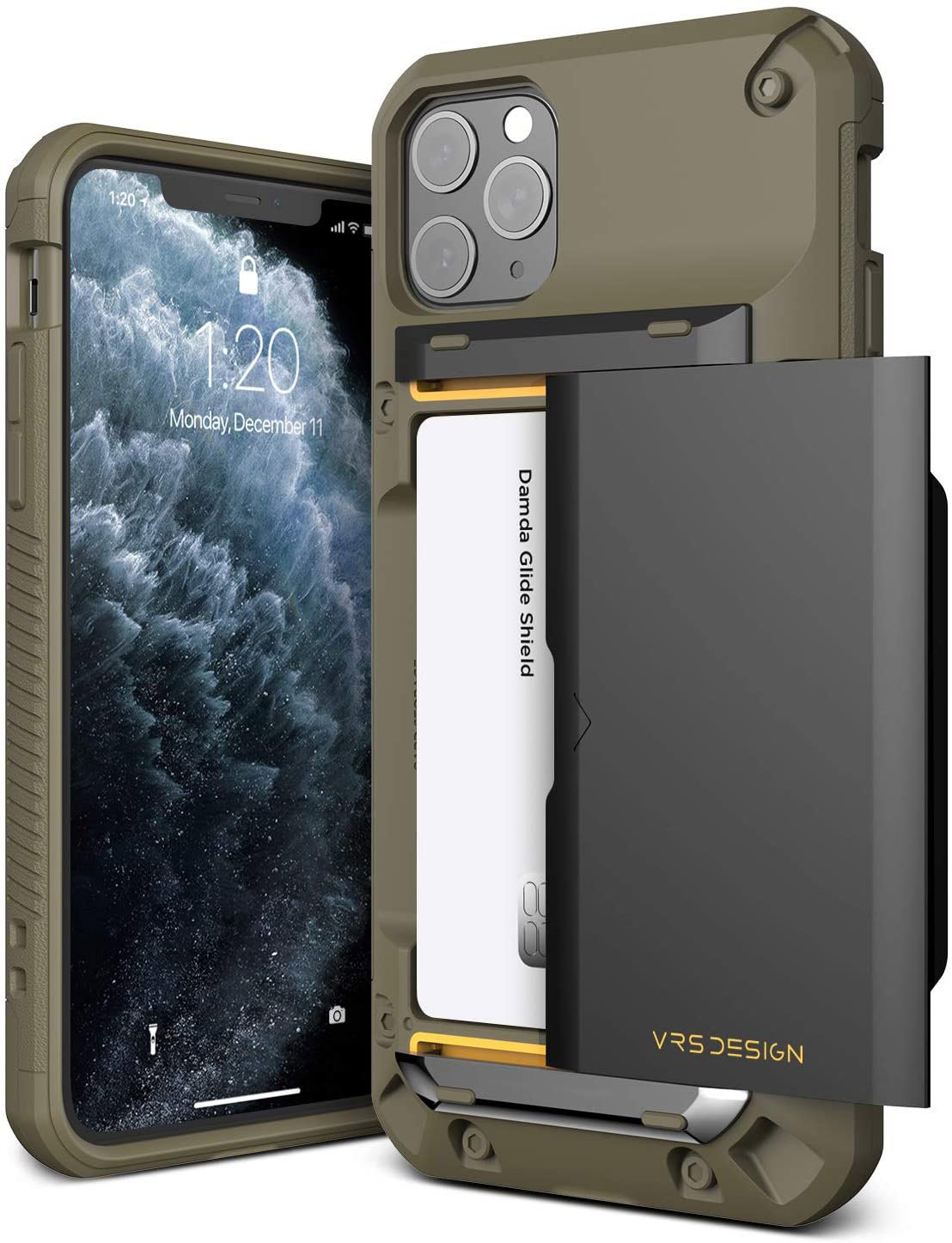 VRS Design Damda Glide PRO designed for iPhone 11 PRO case cover [Semi Automatic] slider door Credit card holder Slot wallet [4 cards] - Khaki