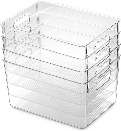 Medium Clear Plastic Stackable Bins, Food Storage Containers Box, Organizers for Kitchen, Pantry &amp; Bathroom (4 Pcs)