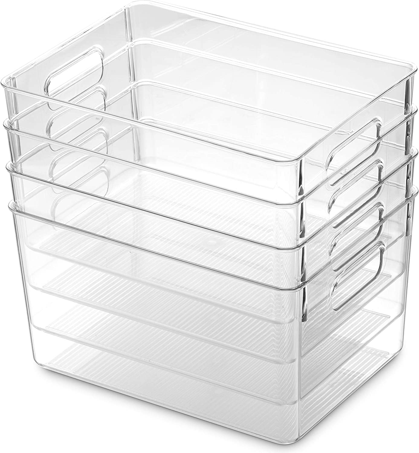 Medium Clear Plastic Stackable Bins, Food Storage Containers Box, Organizers for Kitchen, Pantry &amp; Bathroom (4 Pcs)