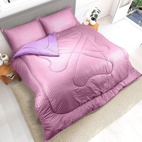 Hotel Linen Klub Reversible Down Alternative Comforter Set, Ultra Soft Brushed Stripe Microfiber Fabric, 200GSM Soft Fibersheet Filling, Size: Single 160 x 200cm, Pink &amp; Lilac