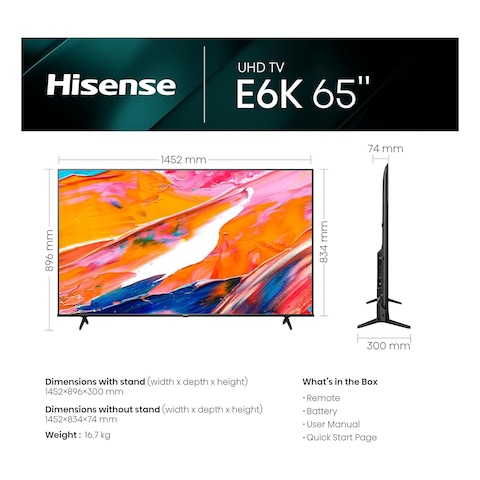 هايسنس تلفاز E6K بحجم 65 بوصة، بدقة UHD Smart QLED، الطراز 65E6K، اللون: أسود