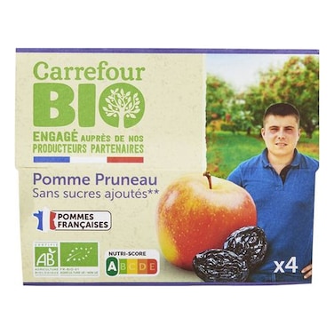 Carrefour Bio Apple Prune Compote Without Sugar 100g Pack of 4