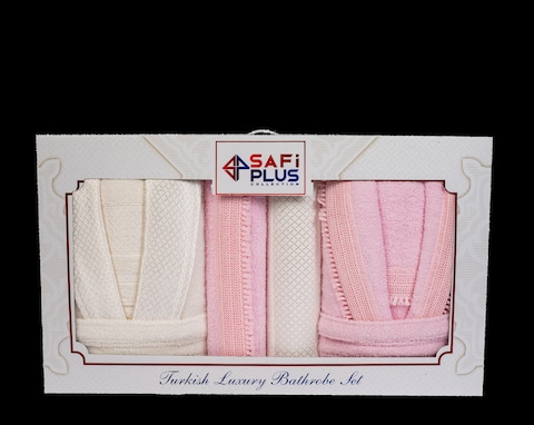6 Piece Family Bathrobe Set &amp; Towels, Premium Turkish Cotton 2 Bathrobes &amp; 4 Towels in box Matching Couple set (Cream Pink)
