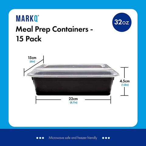Markq [15 Pack] - 32 oz Meal Prep Containers with Lids - 1 Compartment Plastic Food Storage Containers - Lunch Boxes