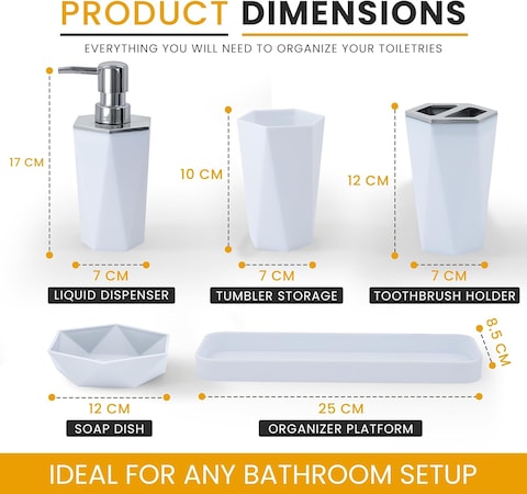 AC&amp;L Bathroom Accessories Set, 5 Pcs Plastic Bathroom Counter Vanity Set, Liquid Soap Dispenser, Toothbrush Holder, Soap Dish, Q tips Tumbler, Vanity Tray, Modern Bathroom Decor Organizer (White)