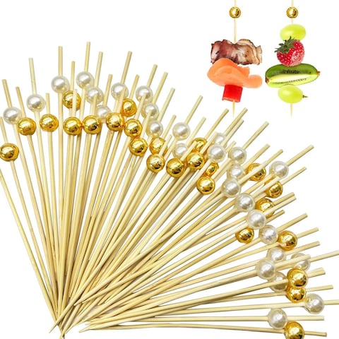 100PCS Cocktail Picks, Cocktail Toothpicks for Appetizers Picks, Bamboo Cocktail Skewers for Appetizers Wedding Party Toothpicks, Gold and Sliver