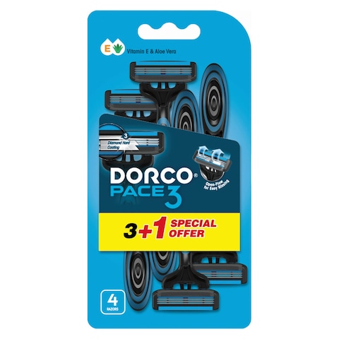 Dorco Pace3 Disposable Razor with Vitamin E and Aloe Vera for Men Pack of 4