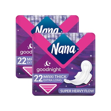 نانا نايت ماكسي فوط صحية بأجنحة طويلة جدا وسميكة 22 فوطة حزمة من 2