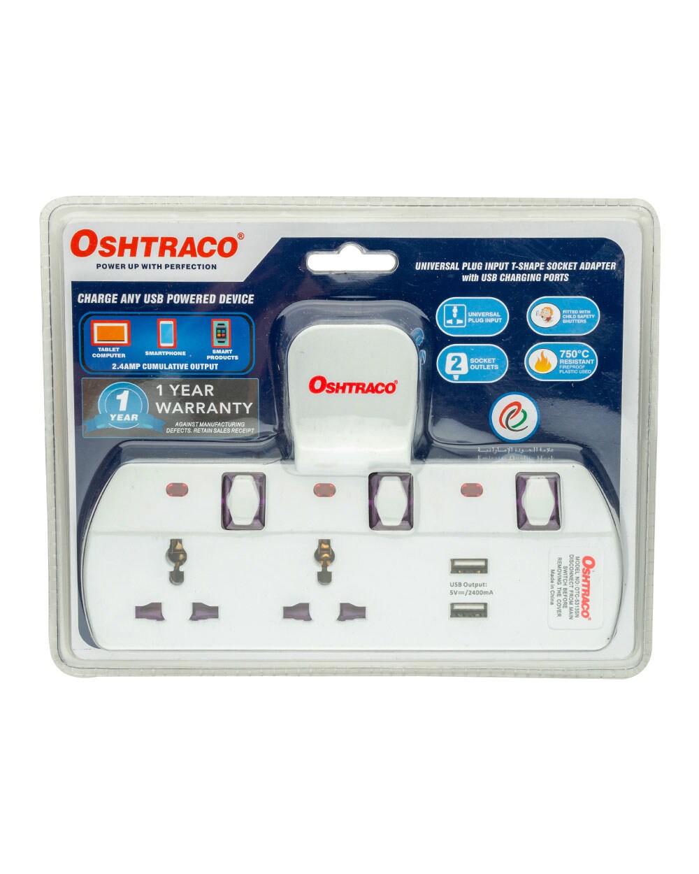 Buy Oshtraco 2 Way Multi Socket Plus 2 USB Port Online | Carrefour UAE