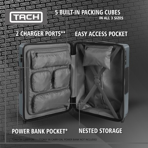 Tach V3 Hardcase Carry-on Luggage - 20 inch Spinner Suitcase With TSA Lock - 2 USB Charging Ports - Water Bottle Holder - Patented Built-In Connecting System - Easily Links 6 Bags - Dark Grey
