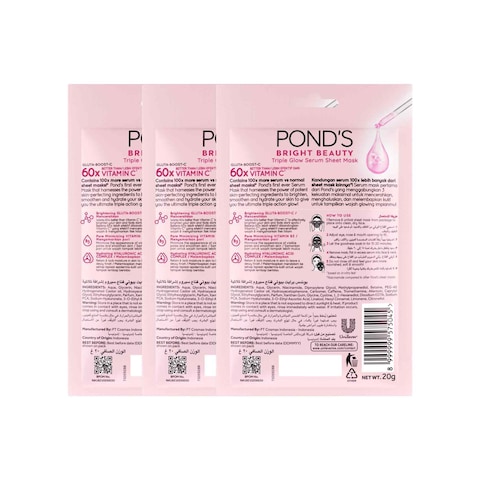 Pond&#39;s Bright Beauty Serum Sheet Mask Triple Glow 20g Pack of 3