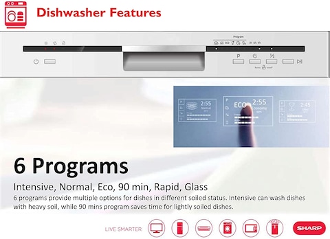 Sharp 12 Place Settings Free Standing Dishwasher, QW-MB612-SS3, Steel, 6 Programs