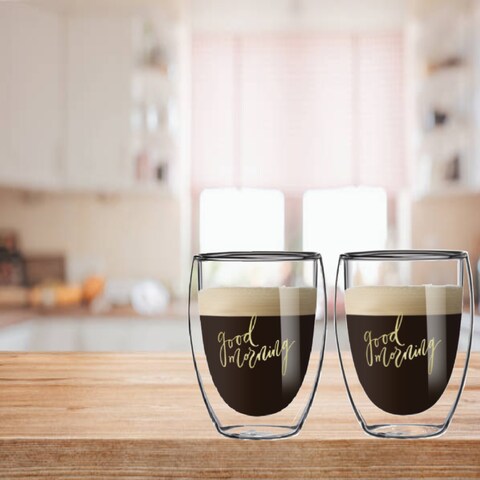 1CHASE&reg; Double Wall &quot;Good Morning Printed&quot; Glass Mug for Juice Wine Tea Coffee, Breakfast Cup Cocktail Mug for everyday use, 350 ML ,2Pcs Set