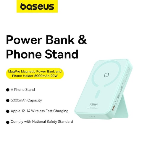 Baseus 5000 mAh Battery Pack For Magsafe 5000mAh Wireless Portable Charger PD 20W Fast Charging With Stand And USB C On The Side Magnetic Power Bank For iPhone 15 14 13 12 Pro Pro Max Plus Mint Blue