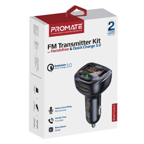 Promate SmarTune-4 FM Transmitter Kit With Handsfree And Quick Charge 3.0 Black
