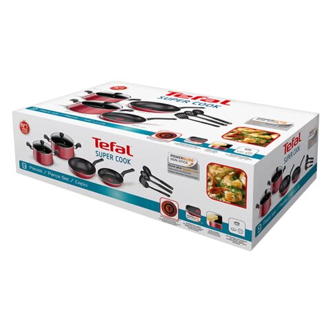 Tefal Super Cook Cookware Set 9 Pieces Red/Black