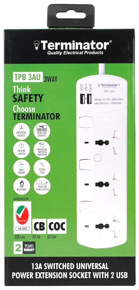 Terminator Brand Universal Power Extension Socket with 2 USB - 3 Way 3M