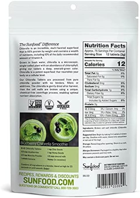 Sunfood Superfoods, Broken Cell Wall Chlorella 900 Tablets 250 Mg. 8 Oz. 117149