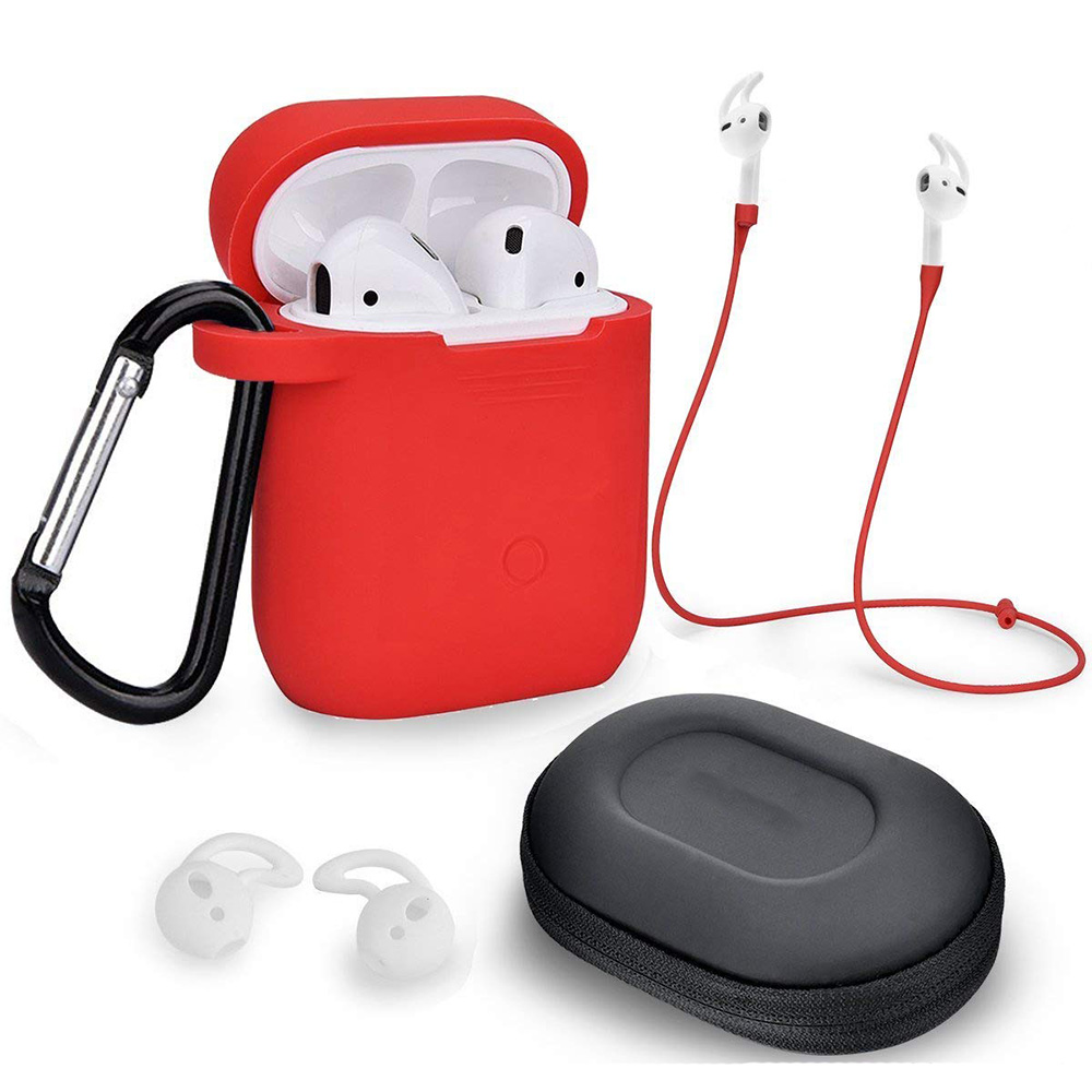 Ozone - 6 in 1 Airpods Travel Kit Waterproof Silicone Case with Keychain/Strap/Earhooks/Storage Box for Apple Airpod 2/1- Red