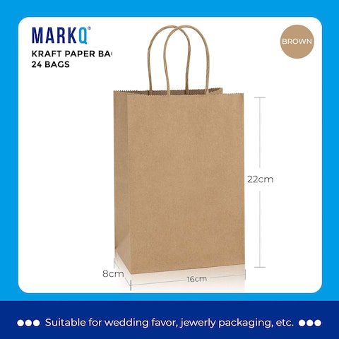 Brown Paper bags with handles 22 x 16 x 8 cm Small Kraft Gift bags for Birthday Party Favors, Weddings, Crafts, Packaging, Eid (24 Bags)