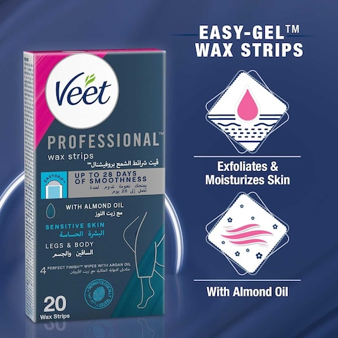 Veet Professional Hair Removal Easy-Gel Legs &amp; Body Wax Strips With Almond Oil For Sensitive Skin Perfect Finish Wipes With Argan Oil Up To 28 Days Of Smoothness, 20 Wax Strips