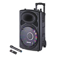Geepas Portable 12-Inch Trolley Bluetooth Speaker With Wireless Microphones &amp; LED Lights GMS8519