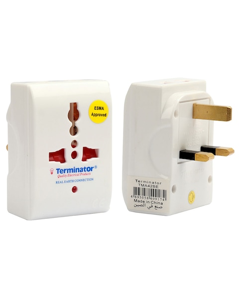 Terminator Brand 3 Way Universal Multi Adaptor One Universal Socket &amp; 2X2 Round Pin Sockets With Live Earth 13A Plug