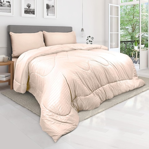 Hotel Linen Klub Down Alternative Comforter Set -Ultra Soft Brushed Stripe Microfiber Fabric, 200GSM Soft Fibersheet Filling, Size: King 240 x 260cm, Color: Cream