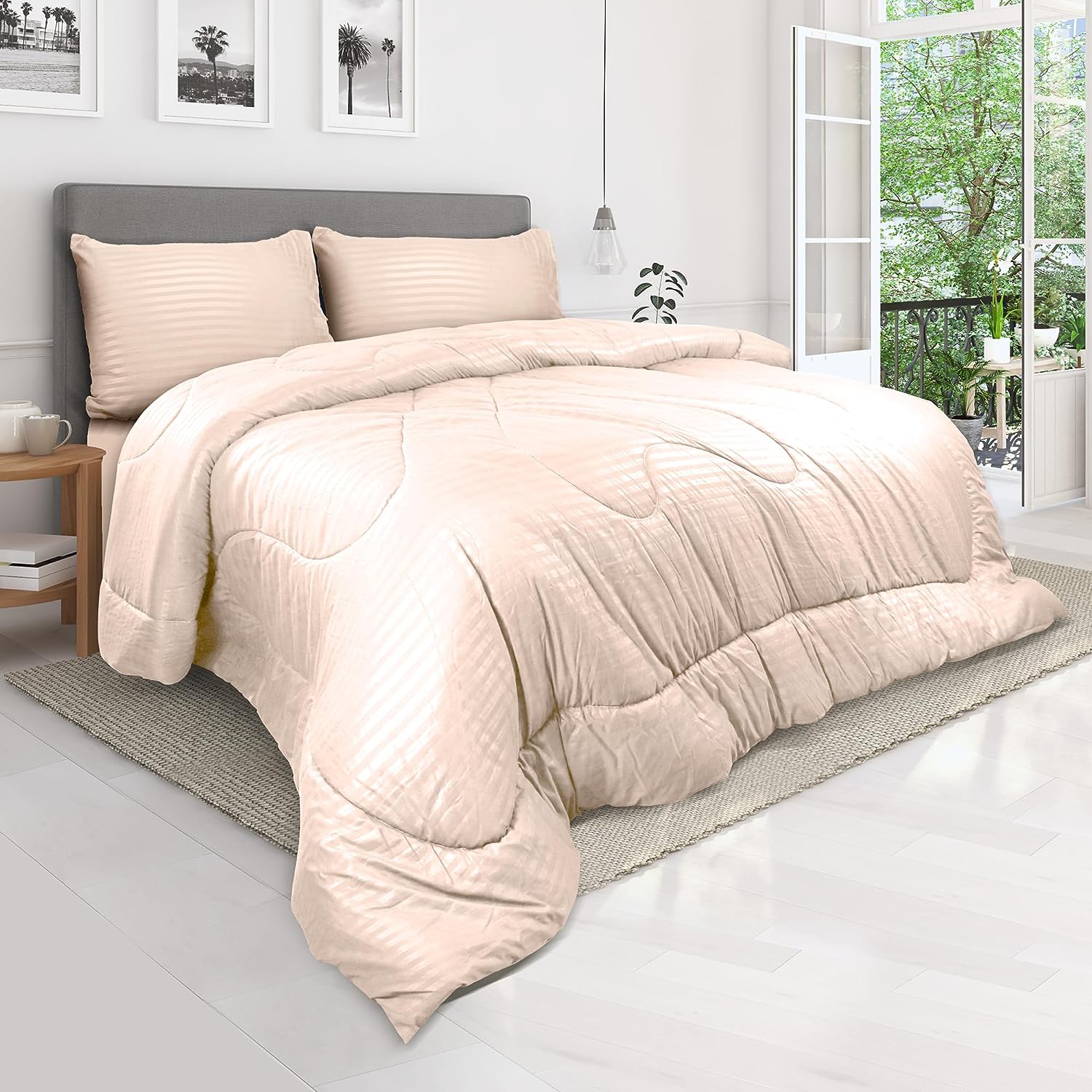 Hotel Linen Klub Down Alternative Comforter Set -Ultra Soft Brushed Stripe Microfiber Fabric, 200GSM Soft Fibersheet Filling, Size: King 240 x 260cm, Color: Cream